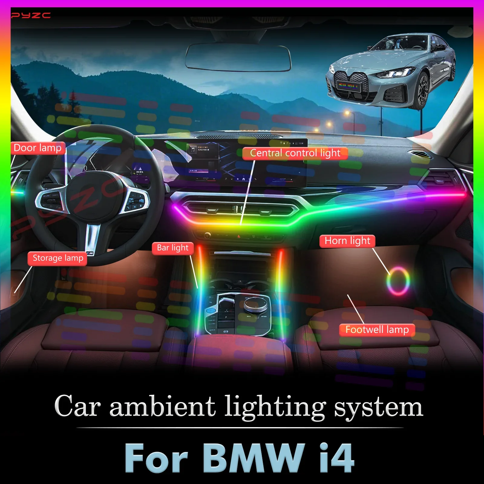

For BMW I4 Smart Remote Control Car Interior Ambient Light RGB 64 Colors LED Energy Saving Efficient Lamp Set