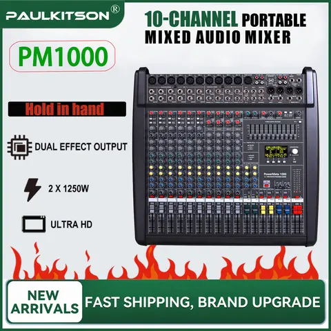 Paulkitson PM1000 10Ch Portable Audio Mixer 2×1250W Built-in Amp Dual DSP 48V Phantom Power Professional Stage Home Karaoke
