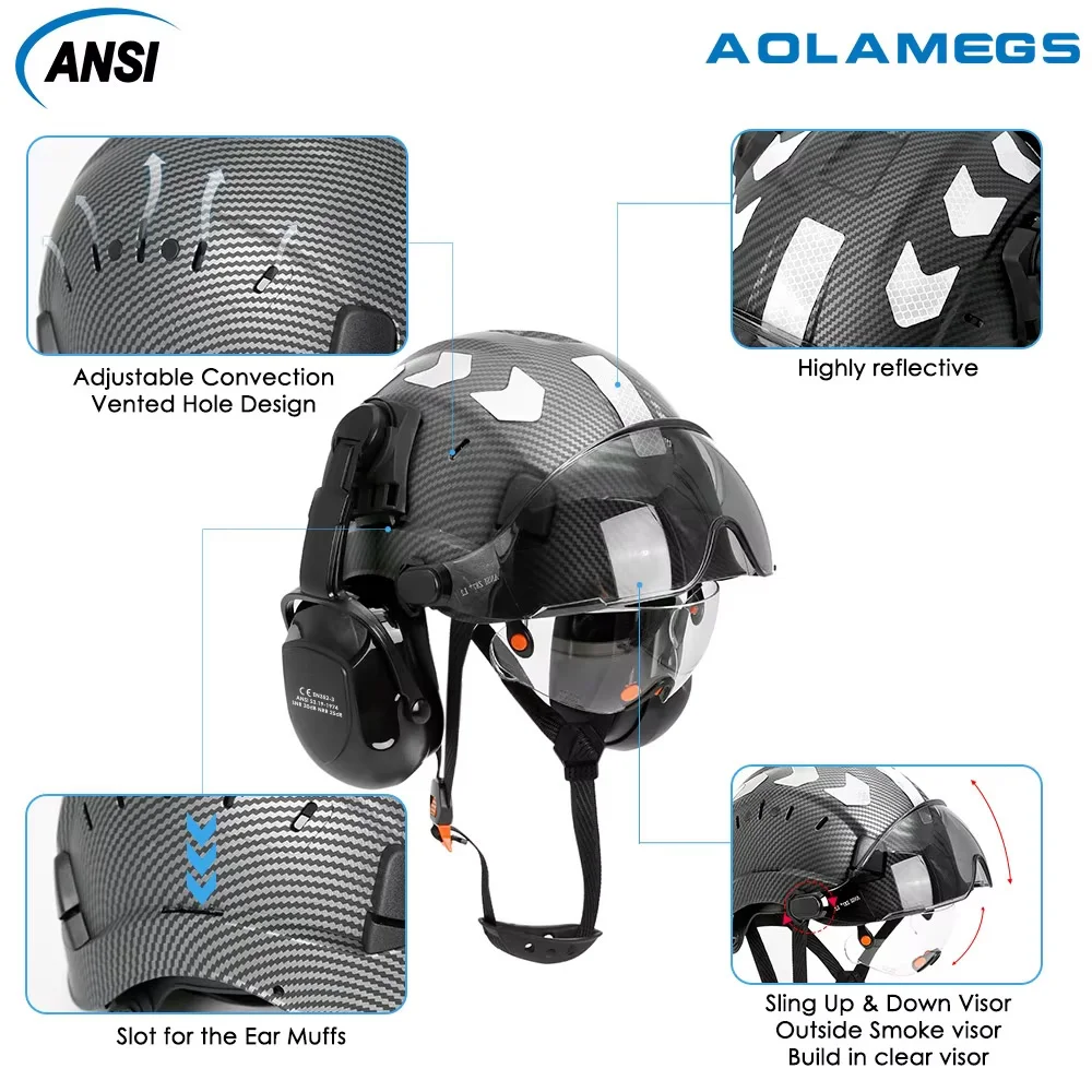 Casco seguridad ABS efecto fibra carbono con visera y orejeras