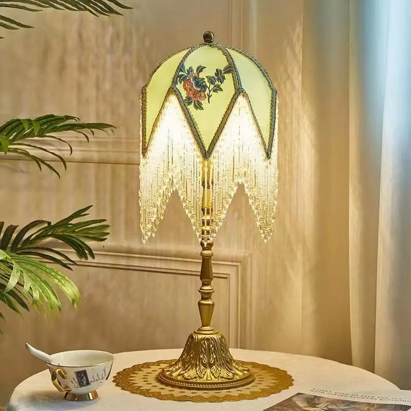 

OUFULA French Table Lamp American Retro Living Room Bedroom Villa European Pastoral Creative Tassels Desk Light