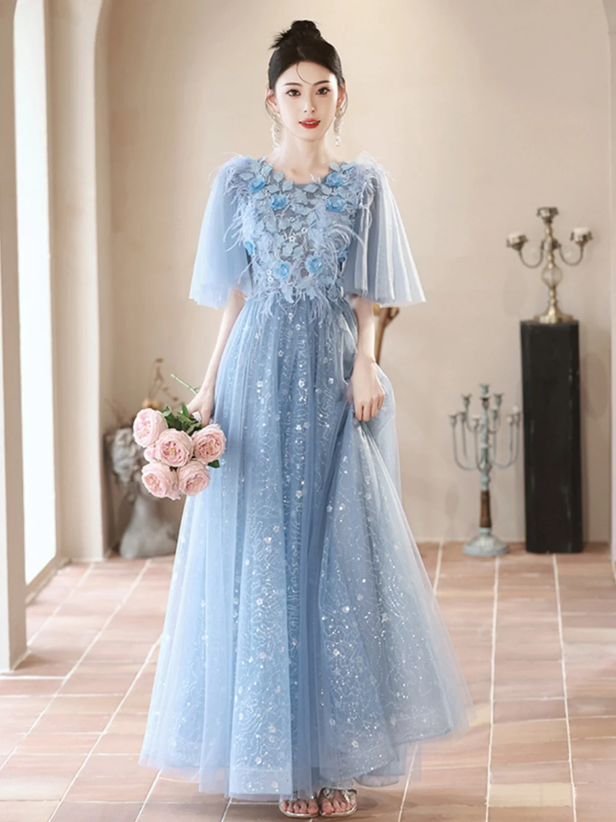 

Blue Evening Gown Long Ball Dr Fairy Host 2024 New High-End Sensation Evening Par Korean Sle Mid-Waist Puffy Skirt