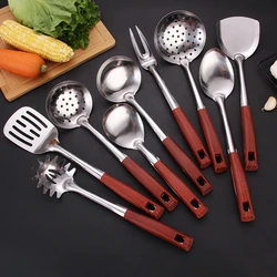 Wooden Handle Frying Spatula Tongue Spoon Stainless Steel BBQ Meat Fork Colander Home Cooking Pots Set Kitchen Accessories