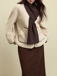 DUSHU Women Winter Coat With Scarf Faux Lambskin Coats Round Neck Drop Sleeve Casual Dark Red Jackets 24DS84648