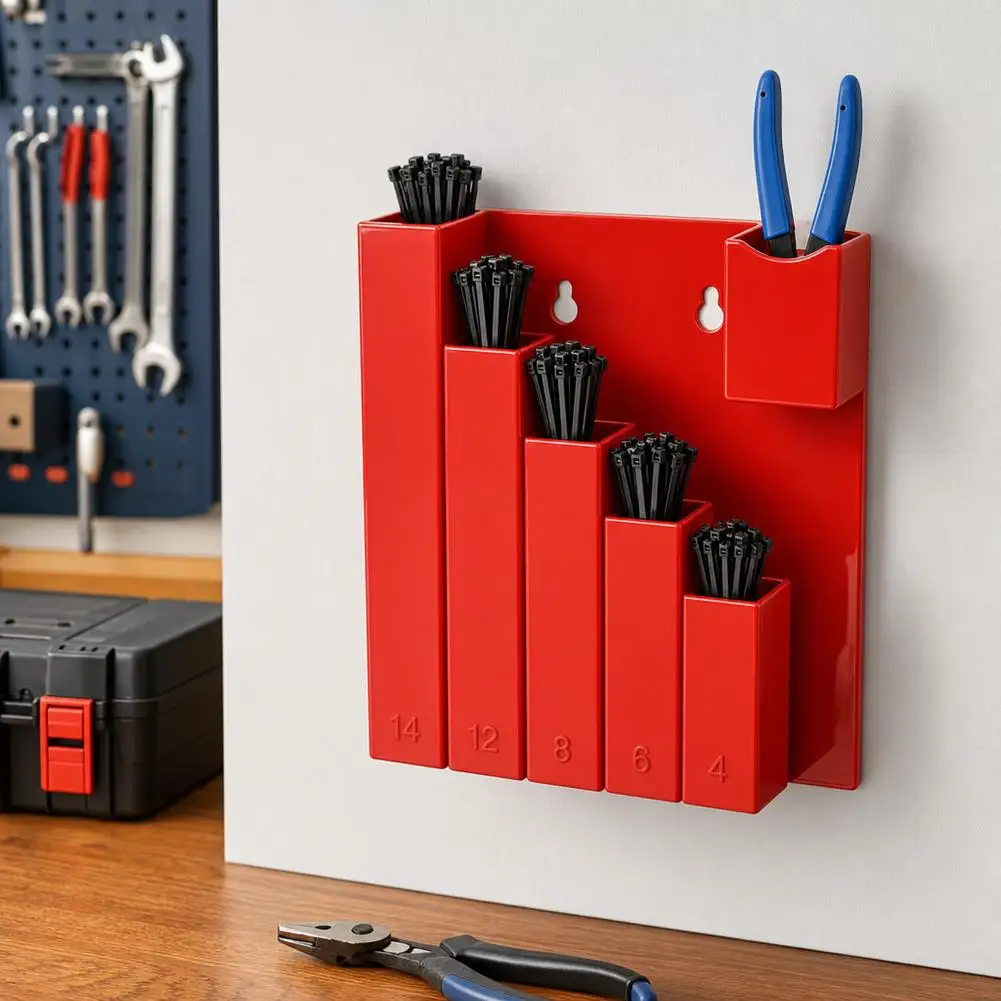 Cable Tie Organizer 5 Compartments Cable Tie Storage Holder with Pliers Pocket Wall Mount Garage Workshop Tool Storage Rack