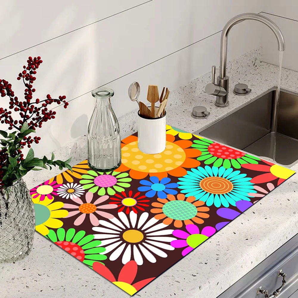 Groovy Retro Daisy Floral Print Super Absorbent Drying Mat Waterproof Kitchen Counter Coffee Maker Drain Pad Decor Placemat