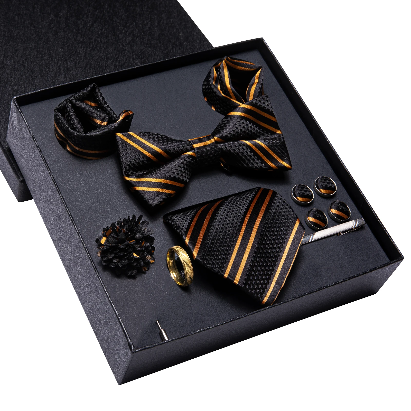 

Роскошная подарочная коробка Hi-Tie, галстук в золотую полоску с узором, мягкий мужской носовой платок, набор запонок, свадебный комплект высокого качества