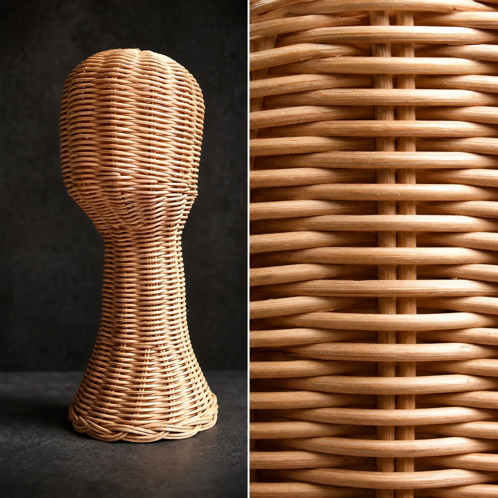Mannequin Head Natural Rattan Hat Display Form with Tapered Neck Freestanding Hat Stand with Woven Base Space-Saving