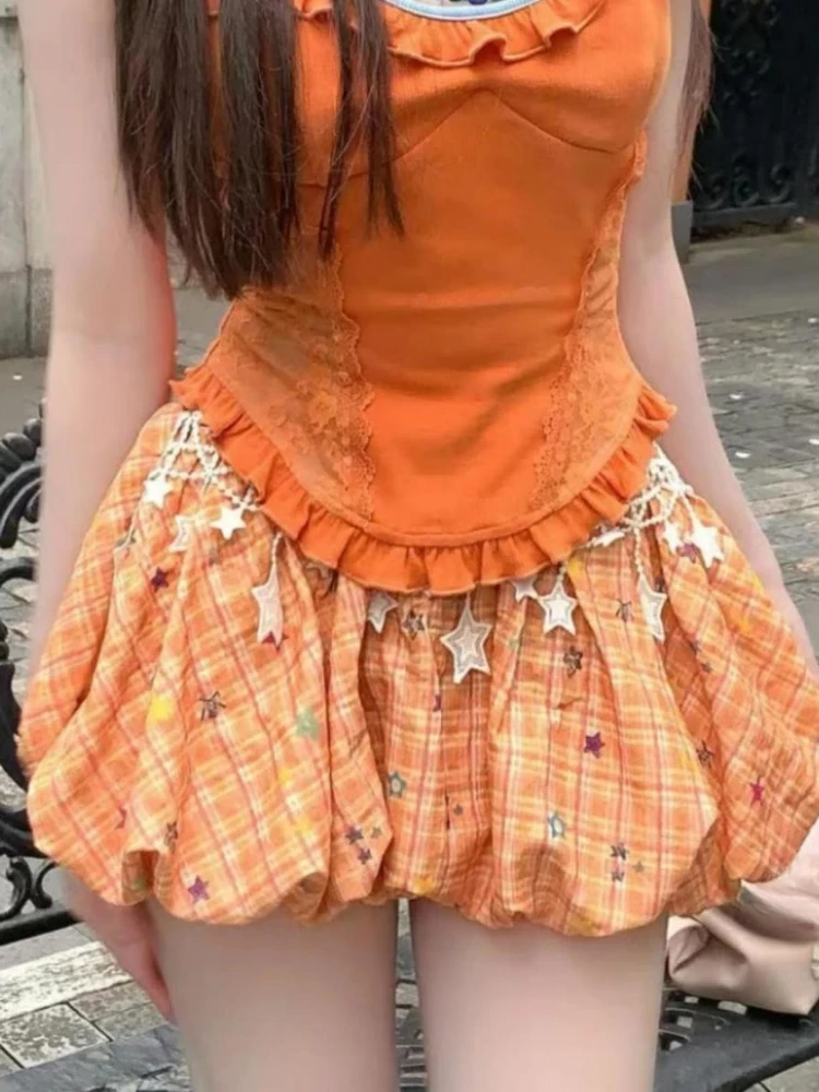 الحلو قطعتين مجموعة Y2k الجمالية الدانتيل المرقعة الخرز الصيف سليم صالح تانك القمم + الجرونج المرأة منقوشة مطوي التنانير الصغيرة دعوى