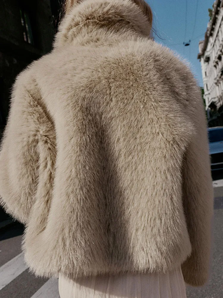 Write Tweed Thickened Lapel Outwear Faux Fur Long Sleeve Solid Color Zipper Coat Lady Elegant Winter Warm Casual Cozy Top