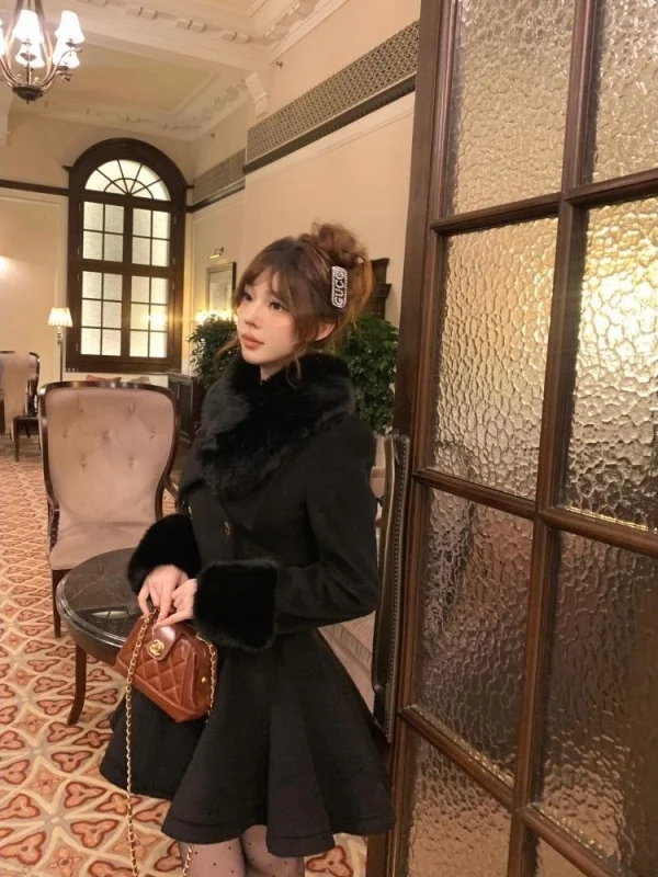 Verdikte wollen jas voor dames met katoenen binnenkant en bontkraag Halflange dubbele rij knopen Dames Faion Winter Bovenkleding