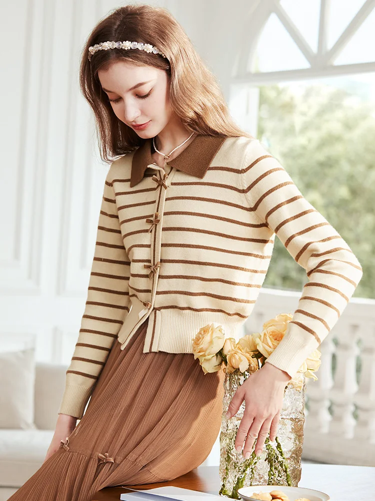 I BELIEVE YOU Women Sweater Autumn 2023 Apricot Striped French Slouchy Bow New Polo Collar Slim Knitted Sweet Tops 2234125238