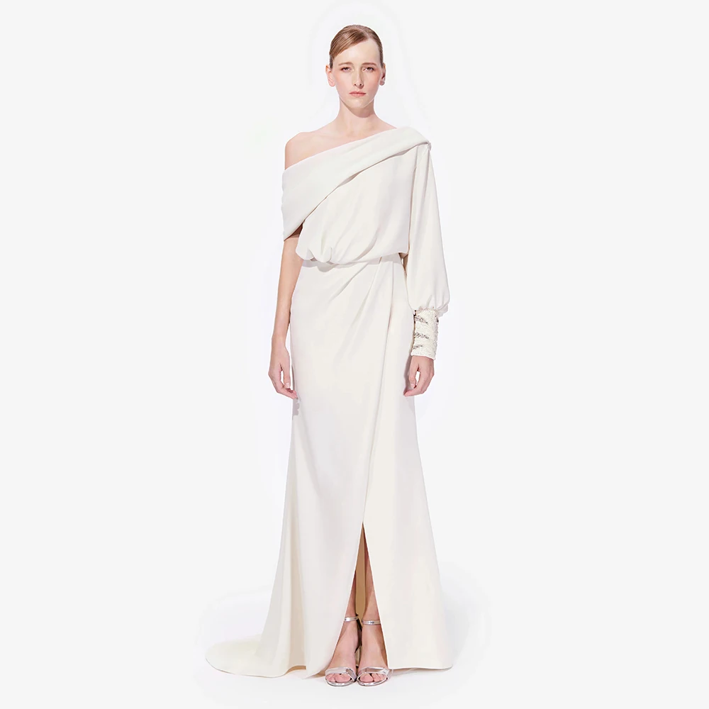 

One Shoulder Ivory Evening Dress Floor Length Prom Dress Long Sleeves Sheath Formal Party Gown Beading Saudi Arabia Dress
