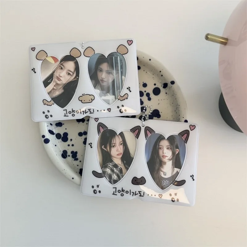 Cute Cartoon Cat Dog Couple 2-Slot 3 Inch Photocard Holder Double Pocket Kpop Idol Card Display Case Clear Card Protector