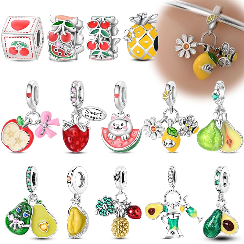 100% 925 Sterling Silver Pineapple Cherry Avocado Lemon Charms Beads Pendants Fit 3mm Bracelets DIY Fine Jewelry Making