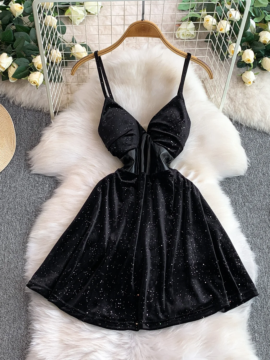 Velluto con paillettes scozzese Vita snellente V-Ne Strapl Dr French Sle Vita alta Gonna a trapezio Abito anti-pilling senza maniche