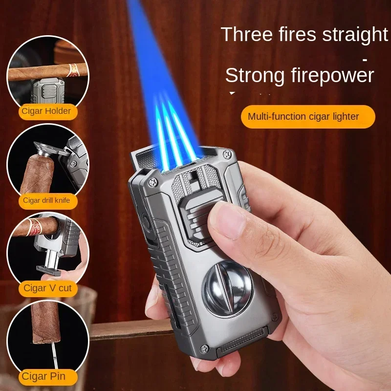 

Professional Cigar Lighter with Holder Built in Cigar Cutter V Cut Cigar Puncher Needle Windproof 3 Jet Flame Butane Lighter