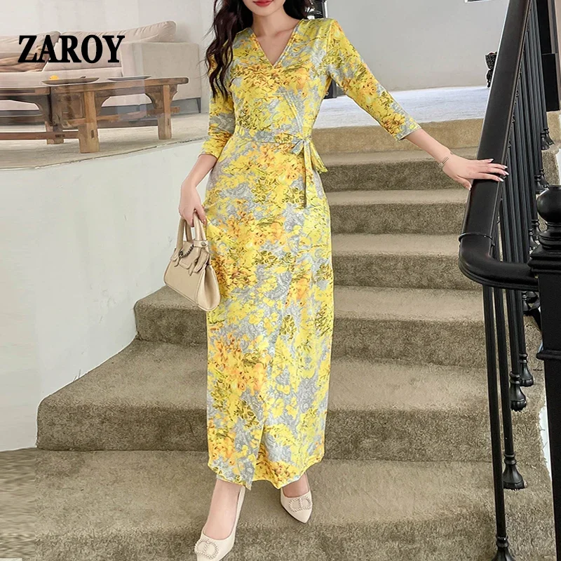 Vintage Print Belted Wrap Long Dress Autumn Sexy V Neck Side Split Maxi Dresses Beachwear Plus Size Party Evening Vestidos