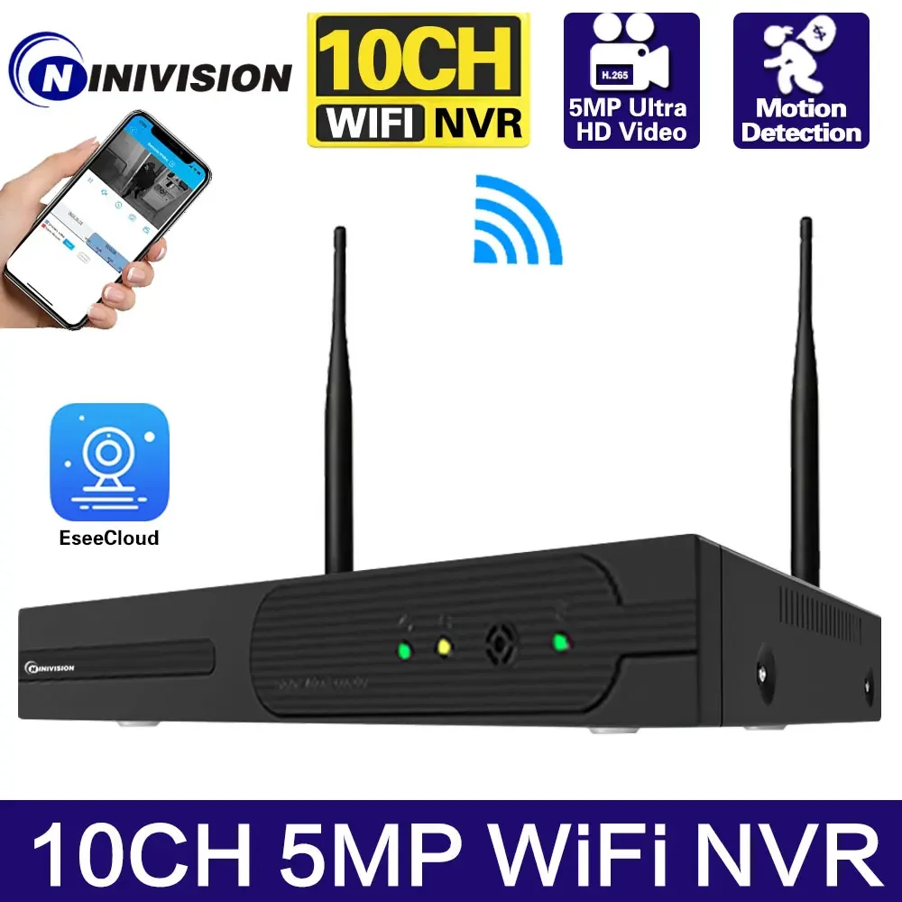 Grabador NVR inalámbrico de 10 canales H.265 5MP, sistema de cámara CCTV Wifi, cámara IP P2P, grabadora de vídeo en red NVR para aplicación ESeeCloud