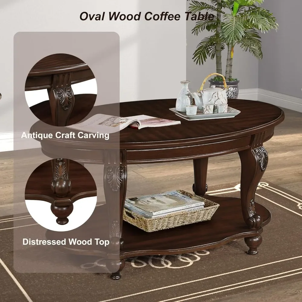 Solid Wood Coffee Table Set for Living Room, Coffee Table & 2 End Side Table 3-Piece Set with Open Storage