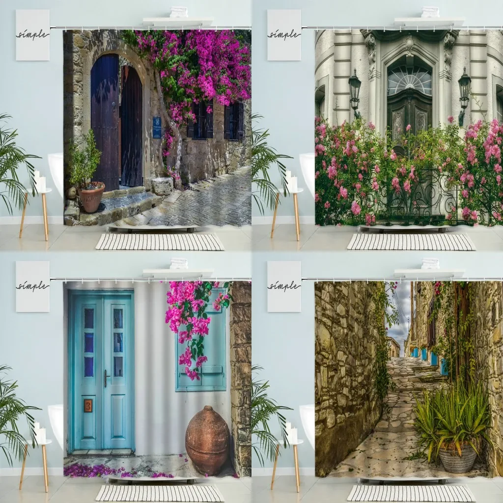 Greece Street View Shower Curtain Village Town Old Stone Brick Wall Green Plant Flowers Scenery Bathroom Decor Waterproof Screen