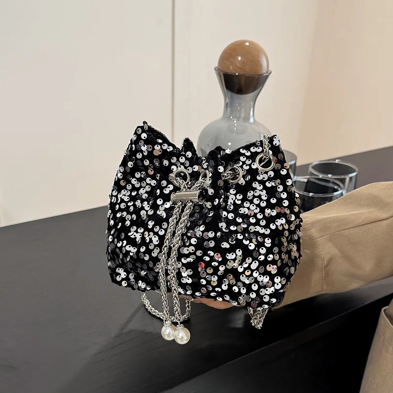

Универсальные вечерние сумки через плечо с пайетками для женщин, однотонные женские сумки-кроссбоди на цепочке, повседневные женские сумки-ведра на шнурке