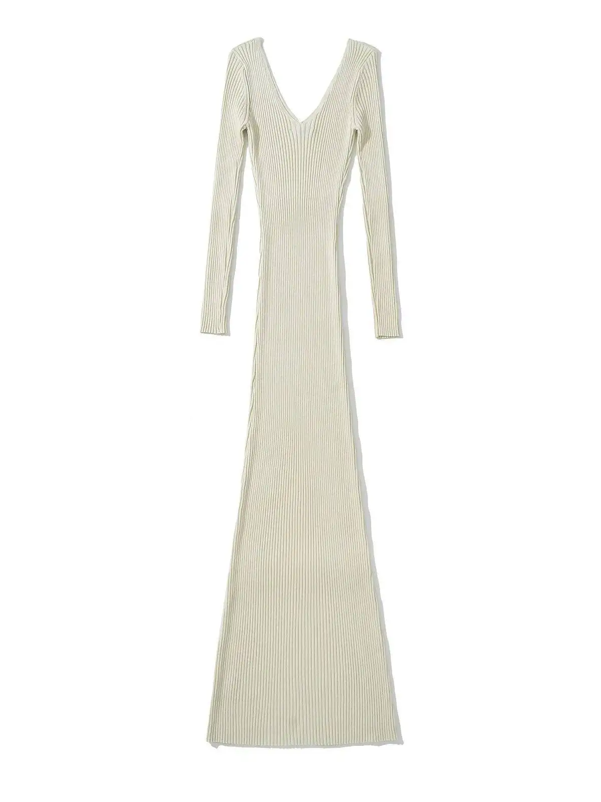 2025 Otoño/Invierno nuevo vestido de punto de manga larga con espalda descubierta y cuello en V para mujer estilo francés ceñido cintura envolvente vestido ajustado a la cadera VVDR