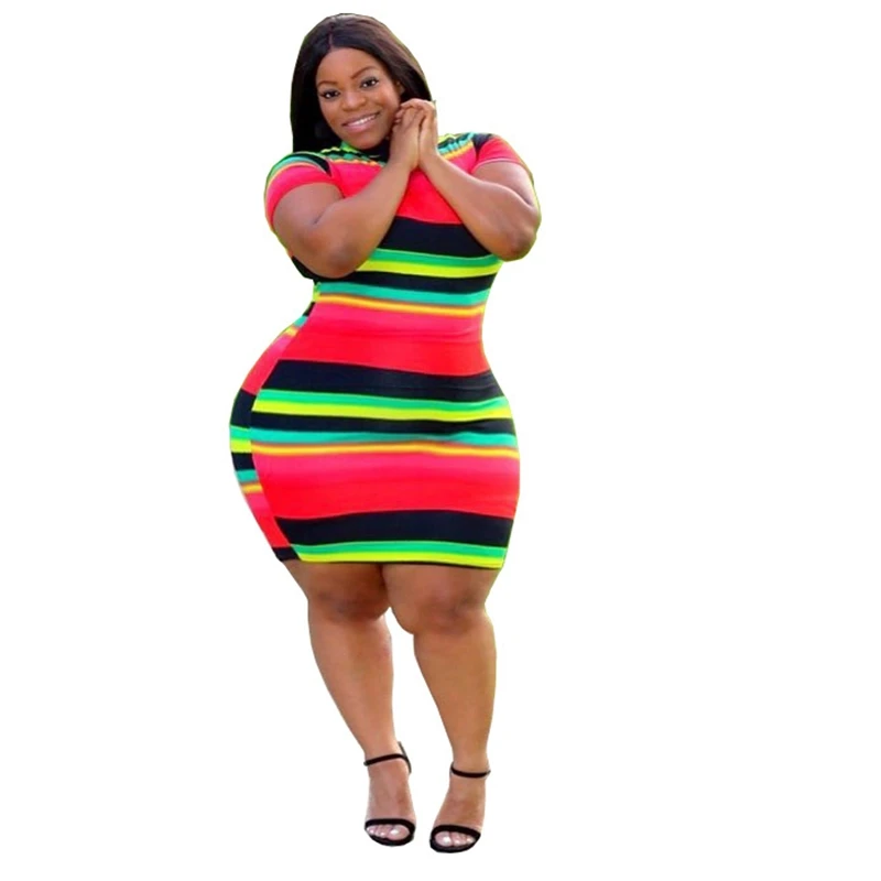Mini robe d'été grande taille 7XL, mode femme, col rond, manches courtes, rayée, slim, sexy, extensible