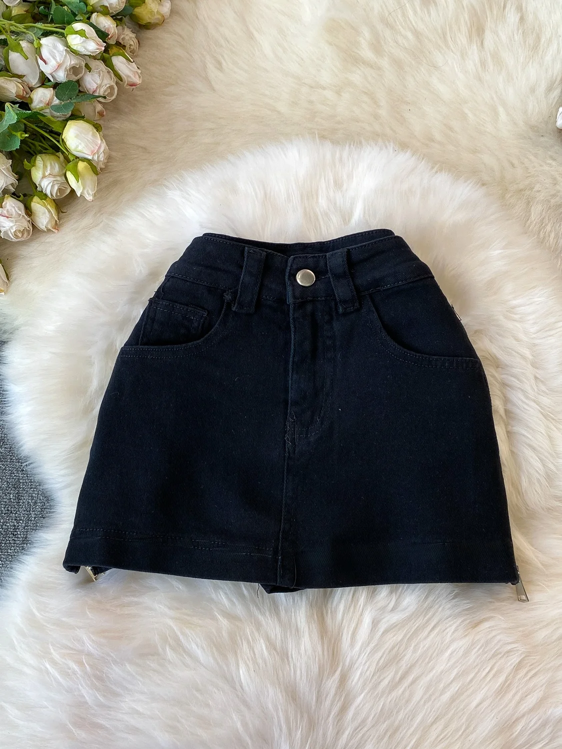 Khaki Color Women's Jeans High Waist Zipper Design Slimming Small Size Youthful Vitality Wide Leg Pants Skirt