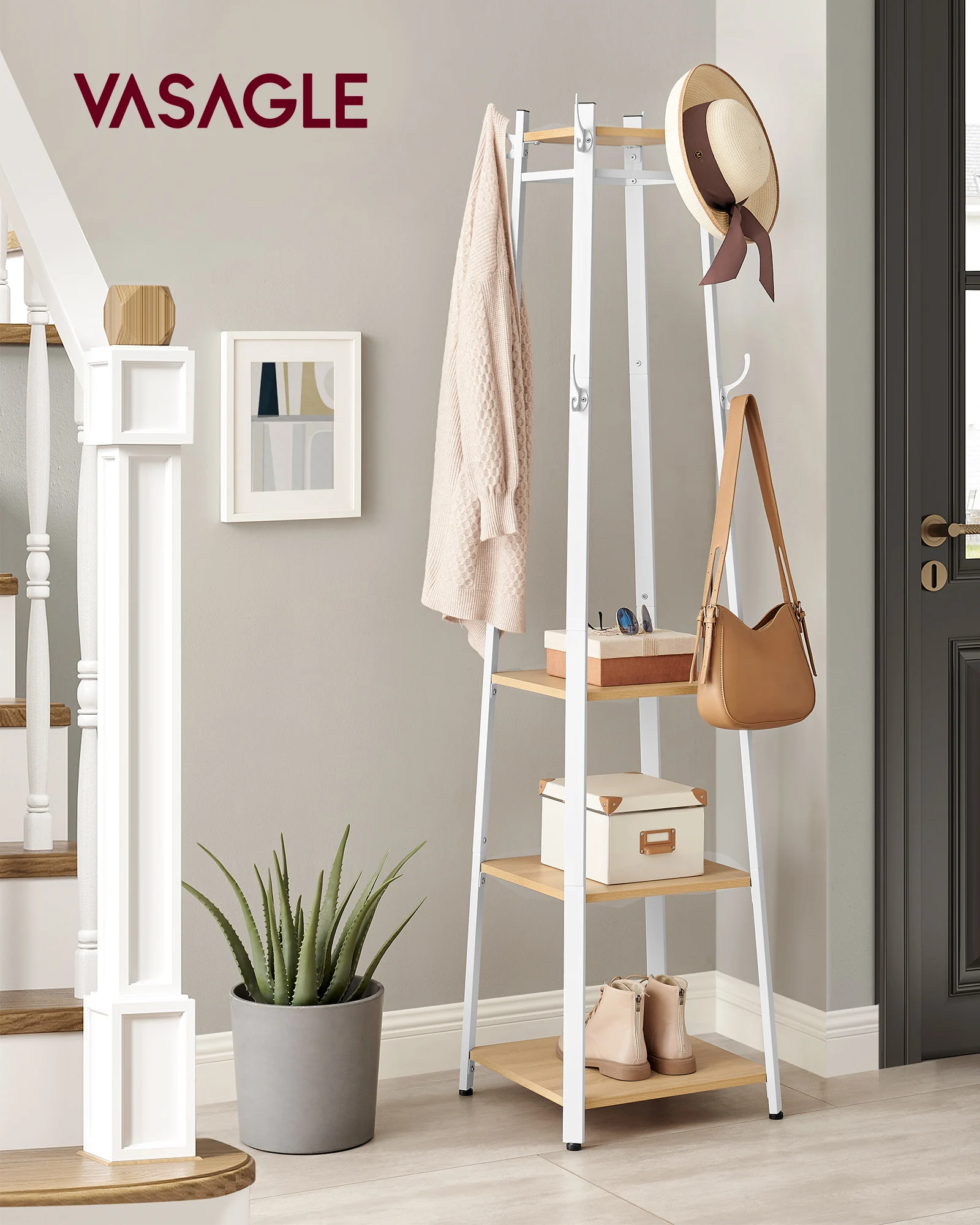 Garderobenständer, Kleiderständer, Garderobe mit 3 Ablagen, Haken, Kleiderstange, stabil, mit Metallgestell, Holzoptik