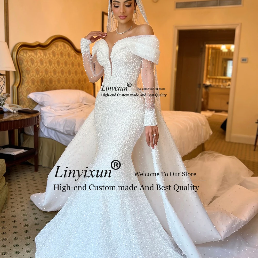 فساتين زفاف أنيقة مطرزة باللؤلؤ للعروس بدون أكتاف حورية البحر مع ذيل قابل للانفصال رداء رومانسي مخصص #1