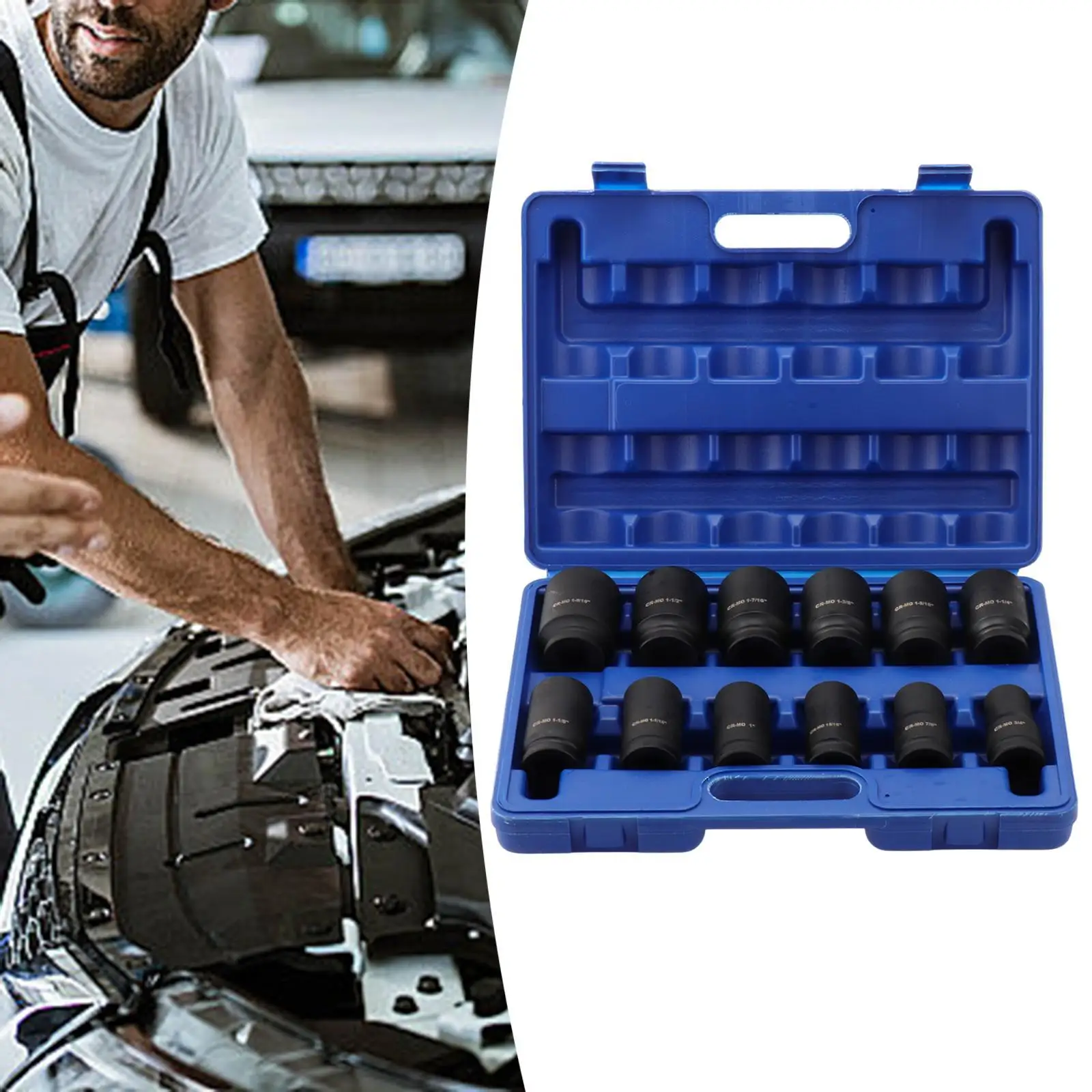 12Pcs 3/4inch Hex Impact Socket Kit Sturdy Length 7.8cm with Storage Case