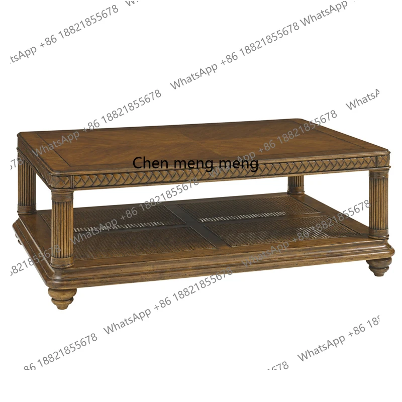 

Casual rectangular coffee table American double-layer rattan solid wood old tea table
