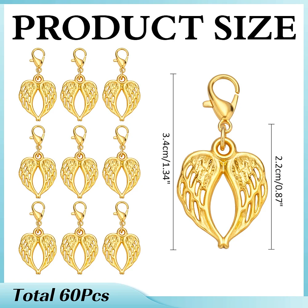 60Pcs Angel Wings Clip On Charms Golden Alloy Angel Wing Pendants with Lobster Clasp Double Wings Dangle Pendants