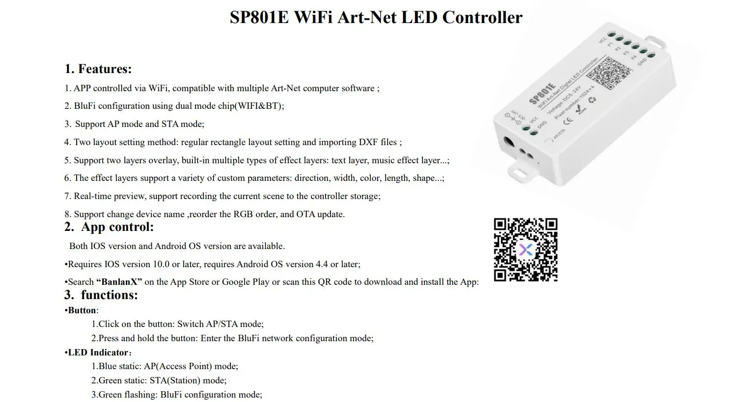 WiFi Art-Net LED Controller SP801E  for LED Matrix Panel Module LED Light Strip Via App Control AP Mode/STA Mode DC5V-24V