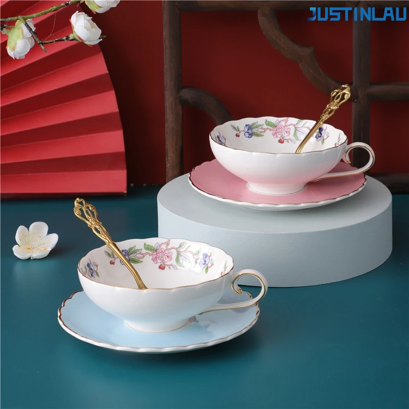 

JUSTINLAU Japanese Style Light Luxury Floral Ceramic Coffee Cup and Plate Set, Royal Garden Style Afternoon Tea Cup Couple's Cup