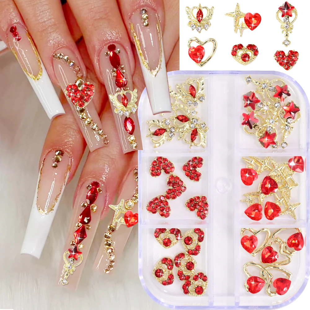 30Pcs/set Boxed Red Star Diamond Nail Charms Golden Hollowed-Out Alloy Nail Art Decoration Red Diamond Love Heart Nail Jewelry