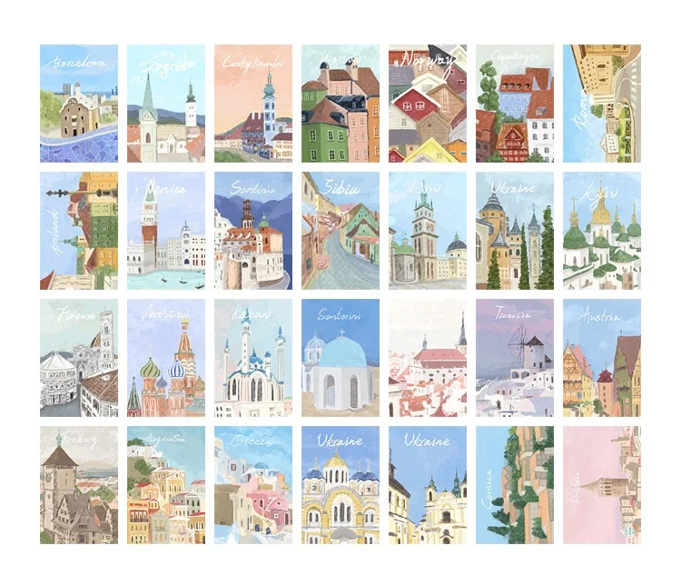 28 Sheets/Set After The Sunset Series Lomo Card Hand Drawn World Architecture Mini Postcard Message Card Christmas Gift