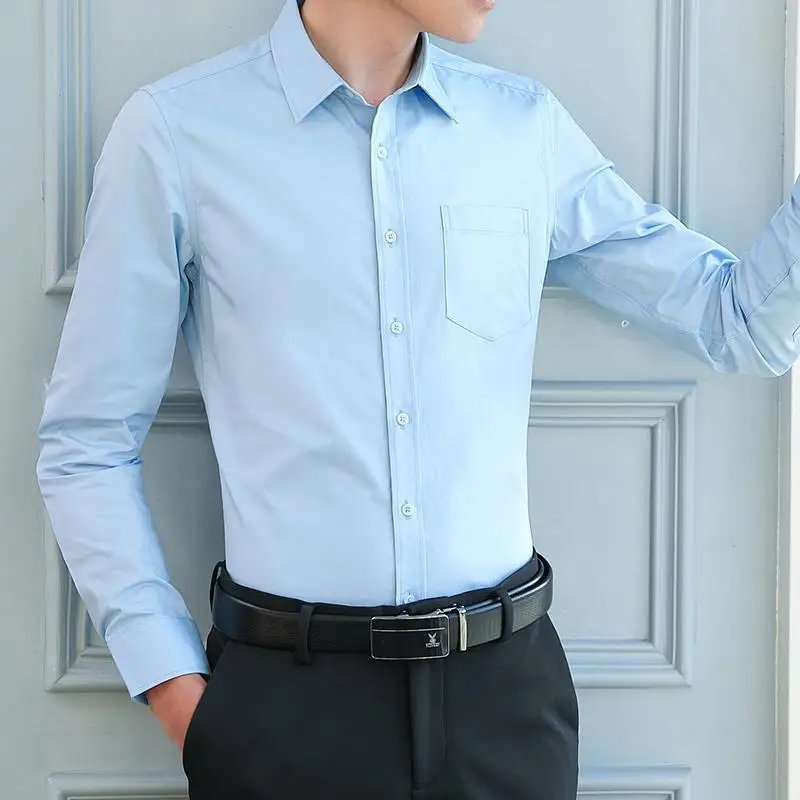 Men Solid Color Business Shirt Fashion Casual Slim White Long Sleeve Shirt Male Brand Clothes