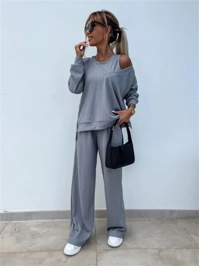 

Casual Sports Style Three Piece Set Loose V-neck Long Sleeved Top Sleeveless Vest High Waist Trousers Set Fashion Commuting Set