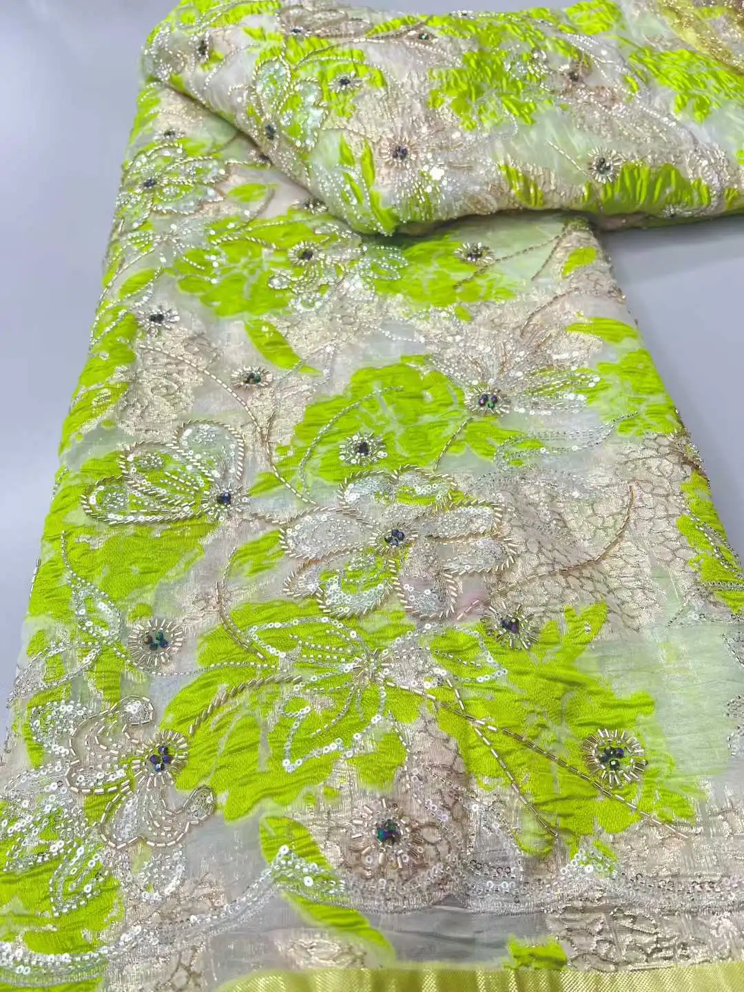Africano jacquard lantejoulas renda dourada nigeriano brocado contas tecido de renda vestidos de festa à noite para mulheres costura 5 metros sz1712