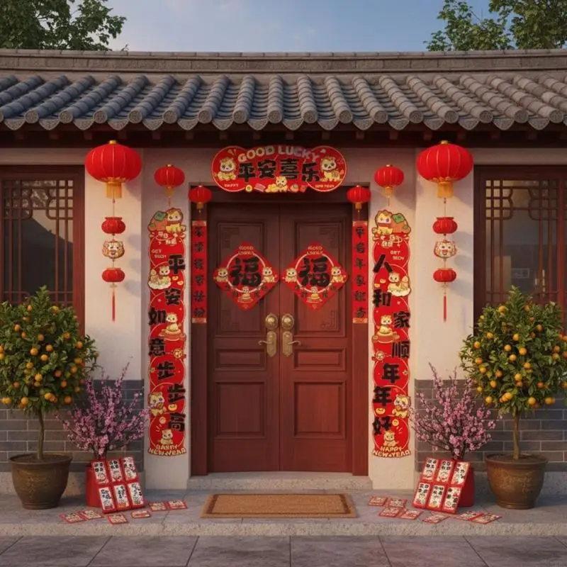 مجموعة تزيين باب كامل لمهرجان الربيع لعام 2026 من الورق الأحمر التقليدي KXRE