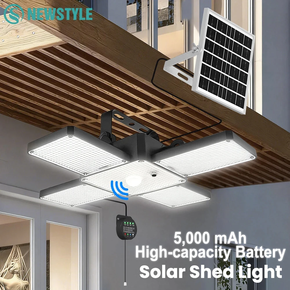 Outdoor Solar Pendant Light 268LED 5-Head 4 Lighting Modes Solar Shed Light IP65 Motion Sensor 5000mAh Battery Capacity Display