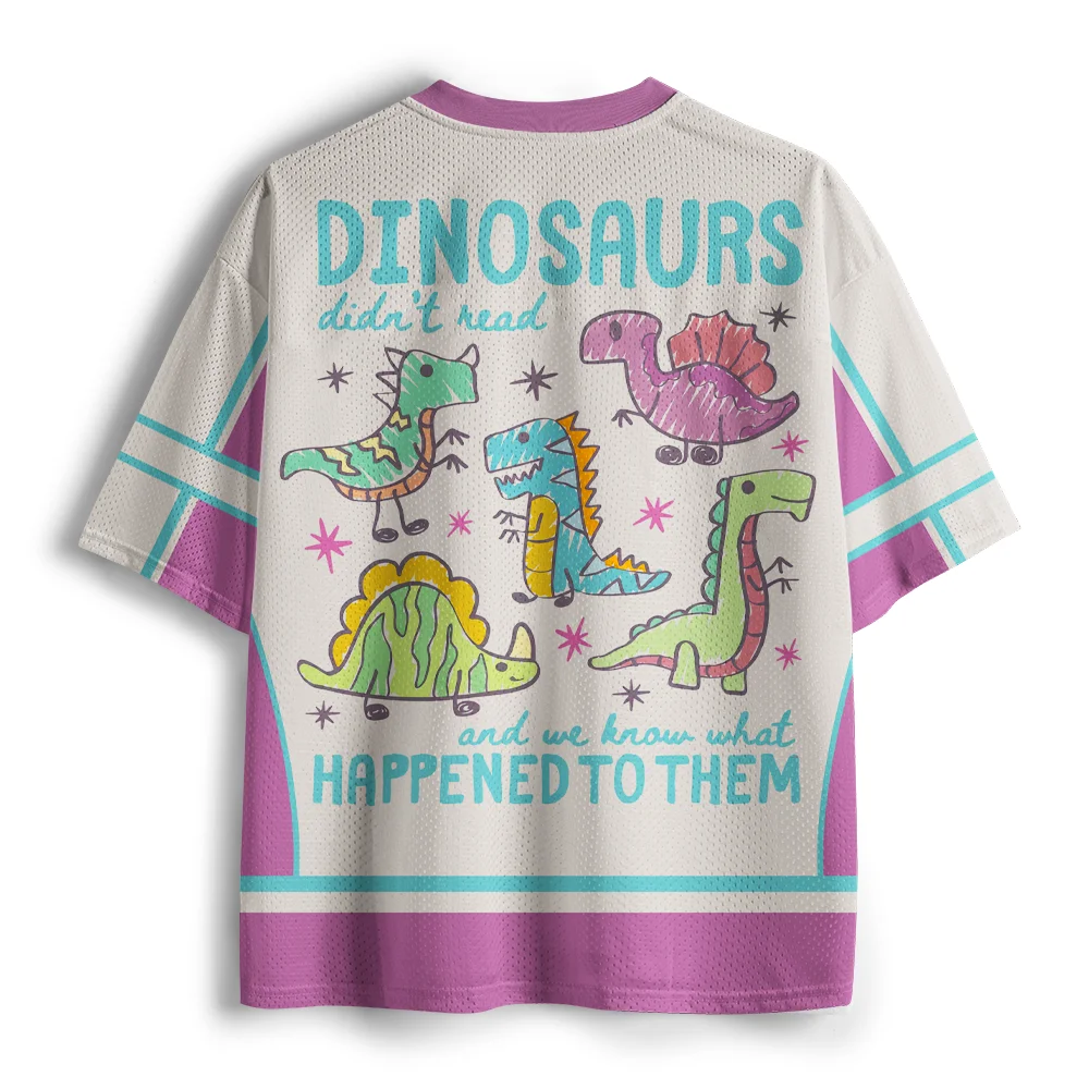 Dinosaur Didn't Read Graphic V Neck Mesh Jersey, Funny Reading Quote Short Sleeve Loose Sports T-Shirt, Kids Cartoon Dinosaur