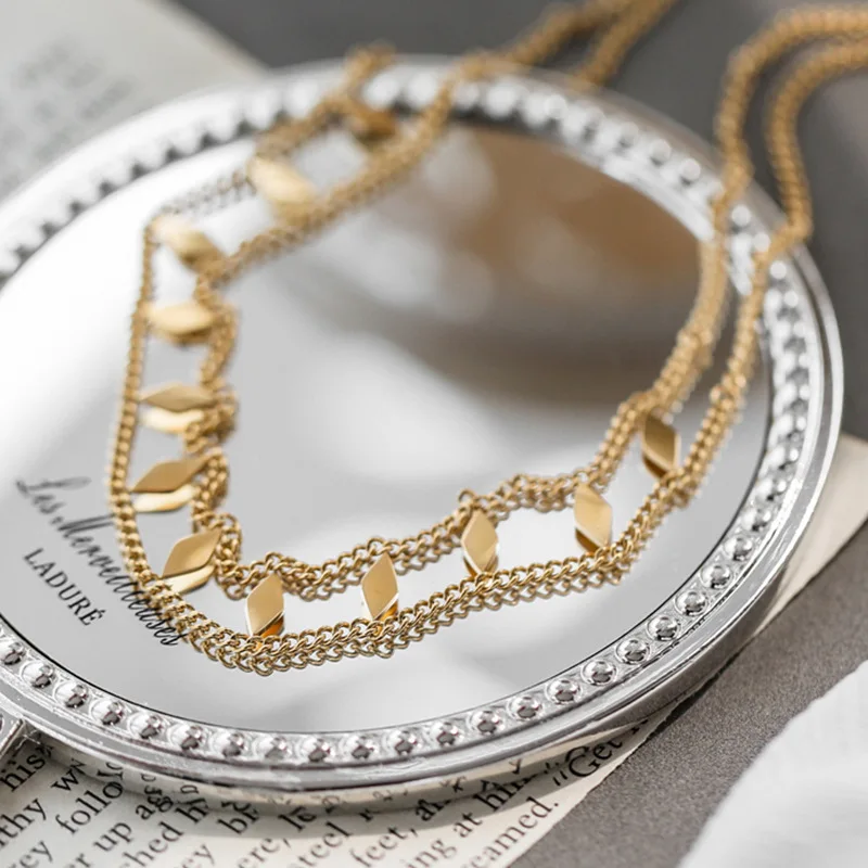 Personalized Design Gold Color Stainless Steel Double Layer Rhombus Short Necklace for Women Exquisite Collar Jewelry Colorfast