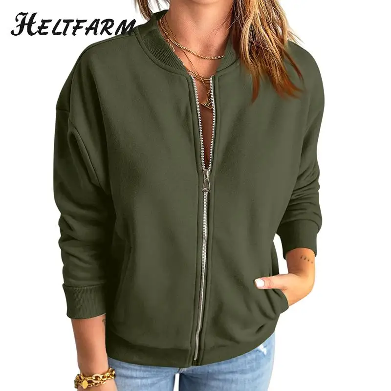 Women\'s Jacket Long Sleeve Zip Solid Sweatshirt Jacket Casual Loose Jacket (With Pockets)