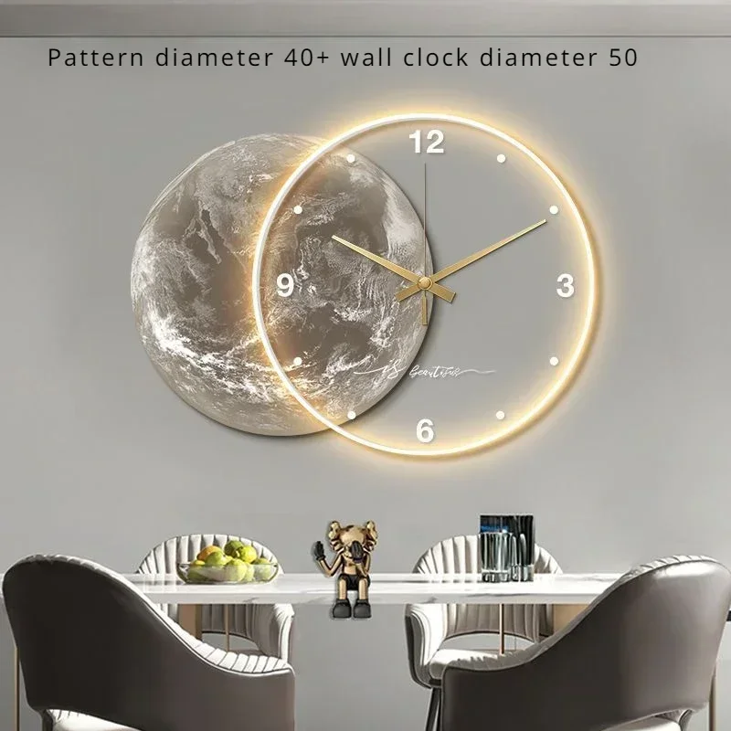 Klok Luxe Eetkamer Woonkamer Grote Muurkamer Maan De Aarde Modellering LED-licht Stille beweging Slaapkamerklok Wanddecoratie