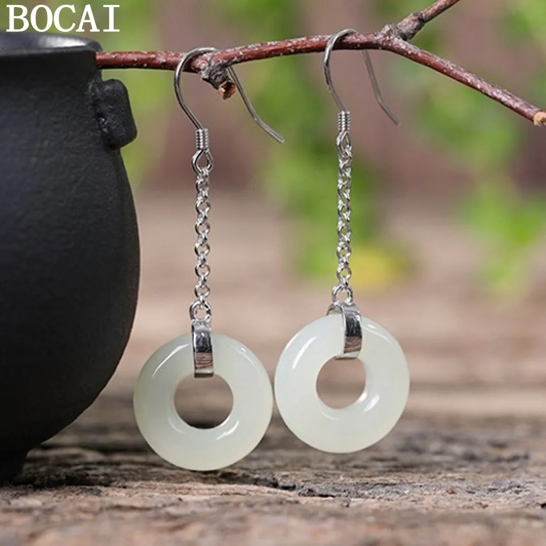 BOCAI S925 Sterling Silver Jewelry Retro Fashion Lotus Canopy Sweet Circle Hotan Jade Earrings Selected Gifts