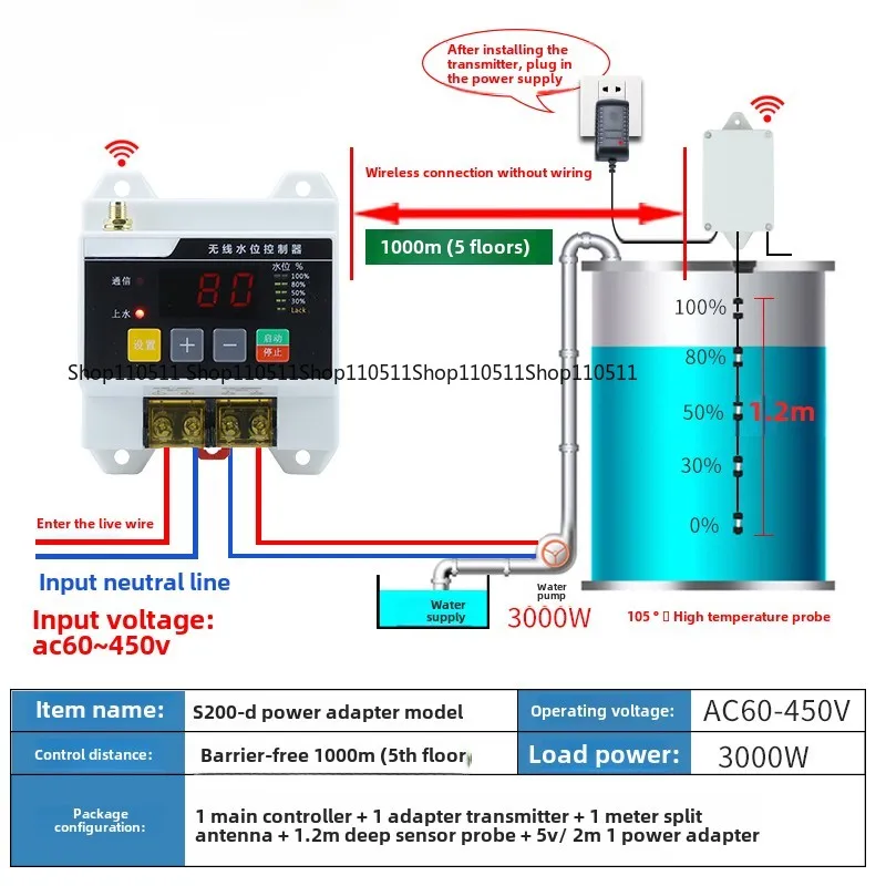 لاسلكي عن بعد وحدة تحكم في المستوى المياه مضخة مياه برج المياه 220 فولت 5000 متر مستوى السائل التحكم عن بعد تعويم مفتاح مستشعر #3