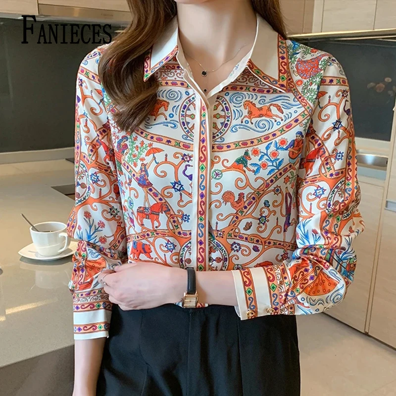 

FANIECES Vintage Print Slim Blouses Spring Women Luxury Long Sleeve Button Shirts Elegant Lapel Office Top Blusas Mujer Рубашки