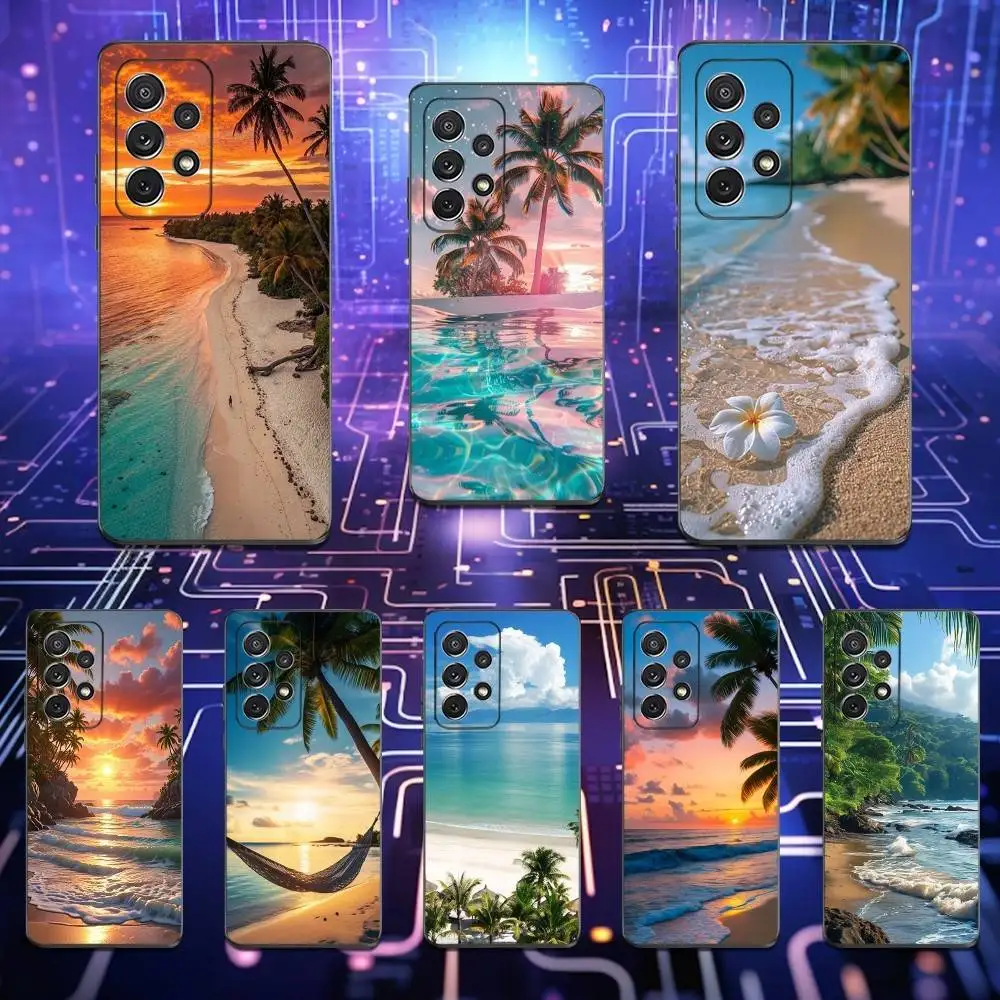 

Beach landscape Palm Trees Phone Case For Samsung S25,S24,S23,S22,S21,S20,S10,Ultra,Plus,Lite,FE,Soft Silicone Black Cover